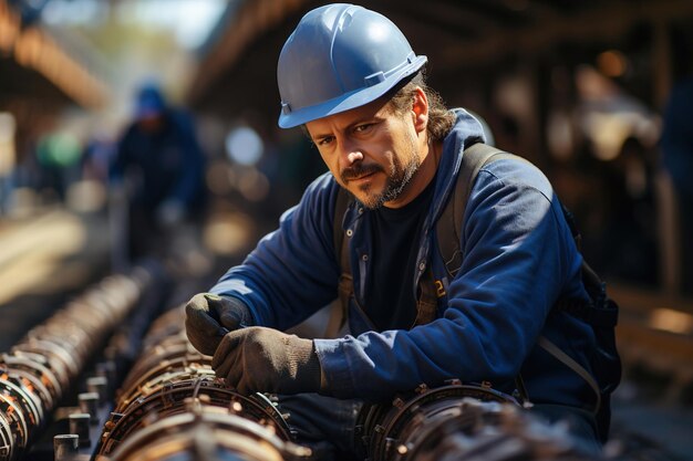 Un uomo con un casco duro che lavora su grandi tubi di gas infrastruttura di trasferimento di gas energia economica e bu