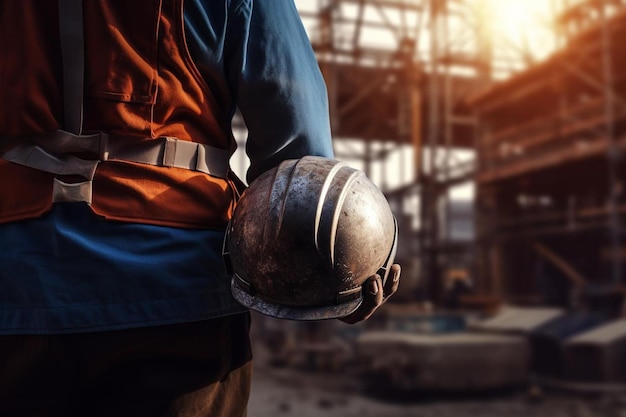 un uomo con un casco e una camicia blu in piedi di fronte a un edificio con un sole che splende su di esso