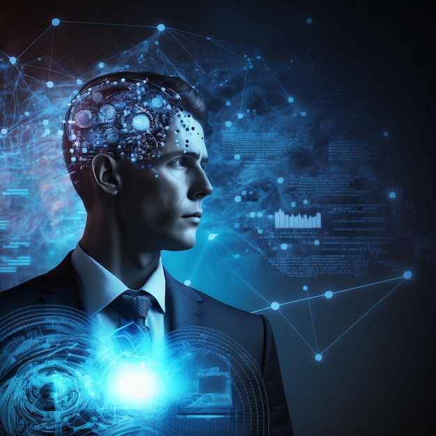 Un uomo con un cervello in testa e uno sfondo blu con numeri e simboli.