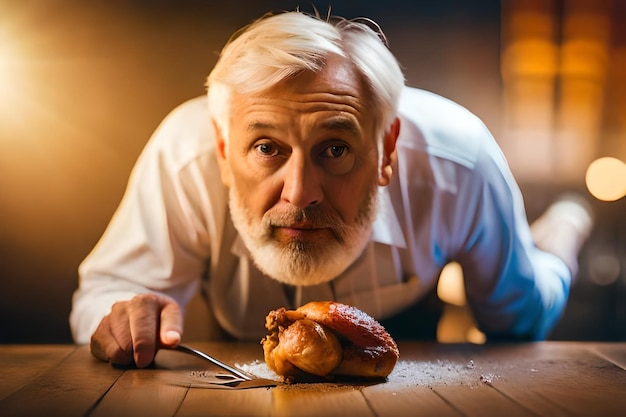 un uomo con un coltello e un pollo sul tavolo