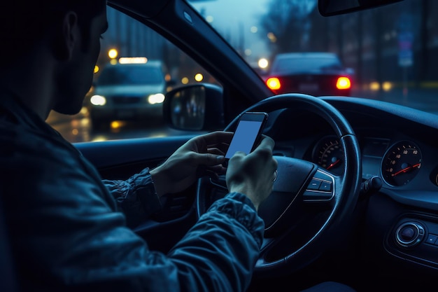 Un uomo con un comportamento sconsiderato mette a rischio la sicurezza utilizzando lo smartphone mentre guida ignorando i pericoli che lo attendono