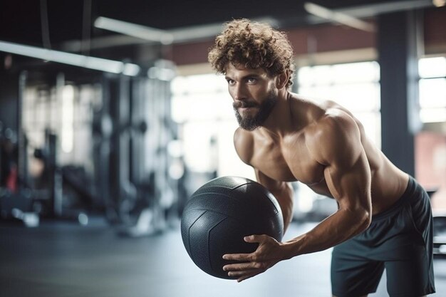 un uomo con un corpo muscolare sta tenendo una palla in una palestra