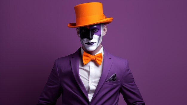 Un uomo con un costume e un cappello di Halloween viola e arancioni