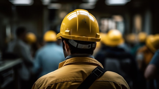 Un uomo con un elmetto giallo si trova in un tunnel con altre persone sullo sfondo.