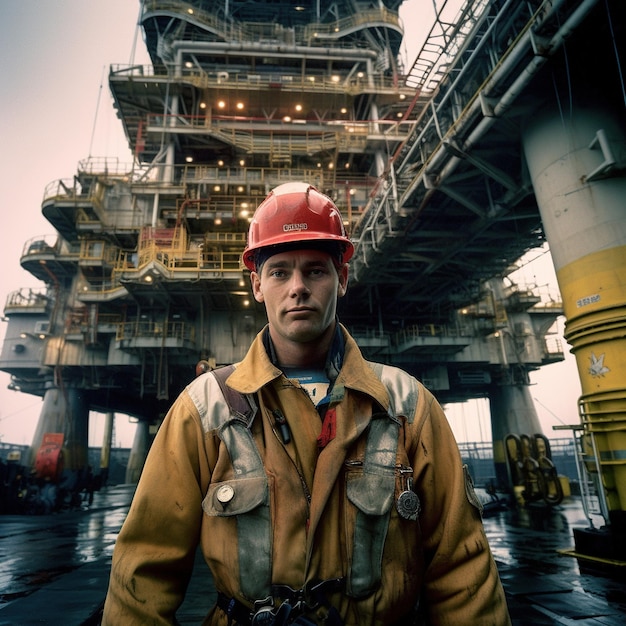 un uomo con un elmetto in piedi davanti a una piattaforma petrolifera