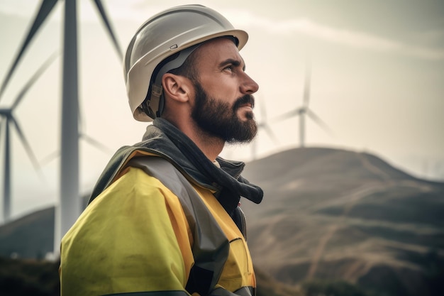 Un uomo con un elmetto si trova davanti a una turbina eolica.