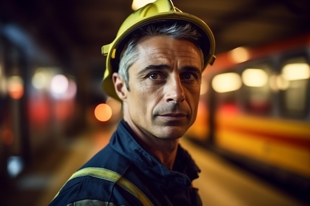 Un uomo con un elmetto si trova di fronte a una stazione ferroviaria.