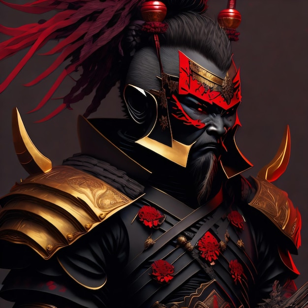 Un uomo con un elmo rosso e uno nero con sopra la scritta samurai.