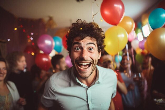 Un uomo con un'espressione sorpresa sul viso sta ridendo con un mucchio di palloncini sullo sfondo.