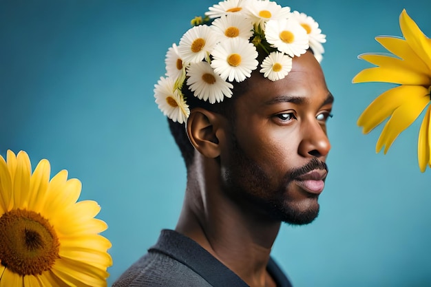 Un uomo con un fiore tra i capelli