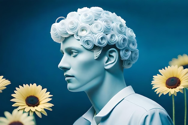 Un uomo con un fiore tra i capelli