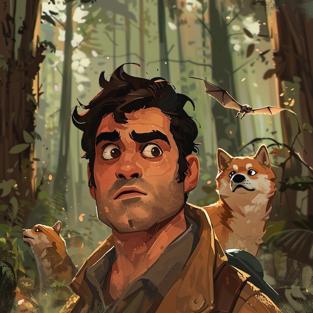 un uomo con un gatto e un gatto nel bosco