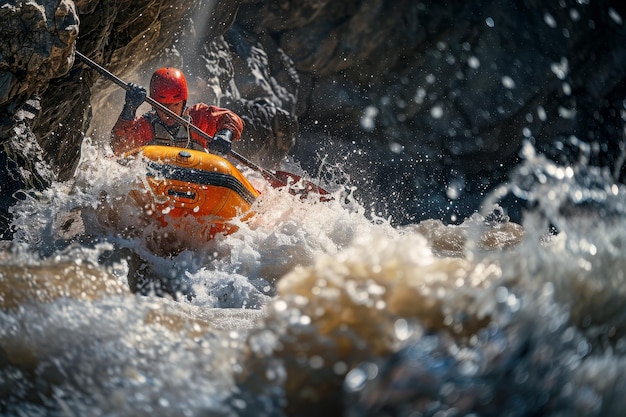 Un uomo con un giubbotto di salvataggio rosso sta facendo rafting lungo un fiume