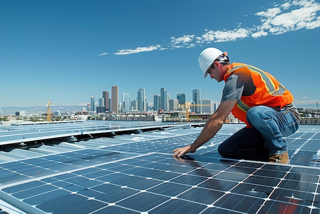 Un uomo con un giubbotto di sicurezza arancione sta lavorando su un pannello solare