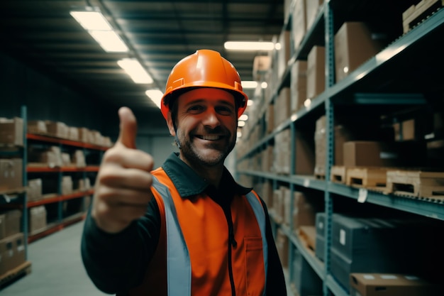 Un uomo con un giubbotto sorride in un magazzino Dipendenti felici Scaffali alti del magazzino AI Genera