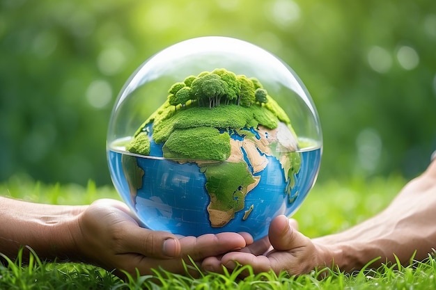 Un uomo con un globo di vetro concetto giorno terra salvare il mondo salvare l'ambiente il mondo è nell'erba dello sfondo verde bokeh