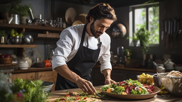 Un uomo con un grembiule prepara accuratamente un'insalata fresca in una cucina accogliente