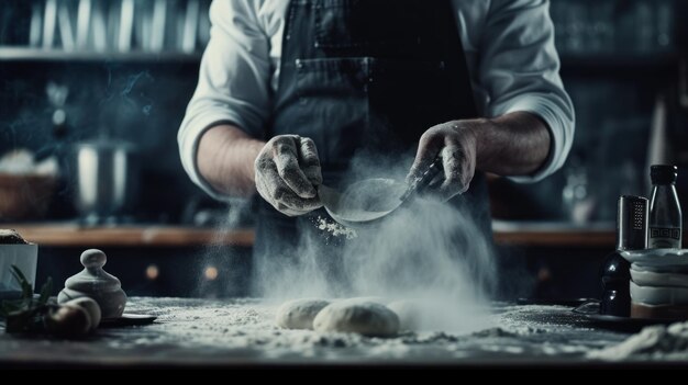 Un uomo con un grembiule sta spruzzando farina su un tavolo per preparare l'impasto per la cottura