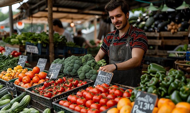 un uomo con un grembiule sta vendendo verdure al mercato