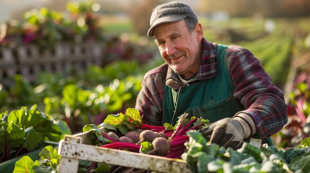 Un uomo con un grembiule verde che raccoglie delicatamente foglie di lattuga fresca in un giardino vibrante