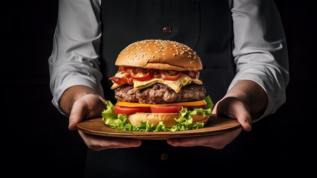 Un uomo con un hamburger con pancetta sopra.