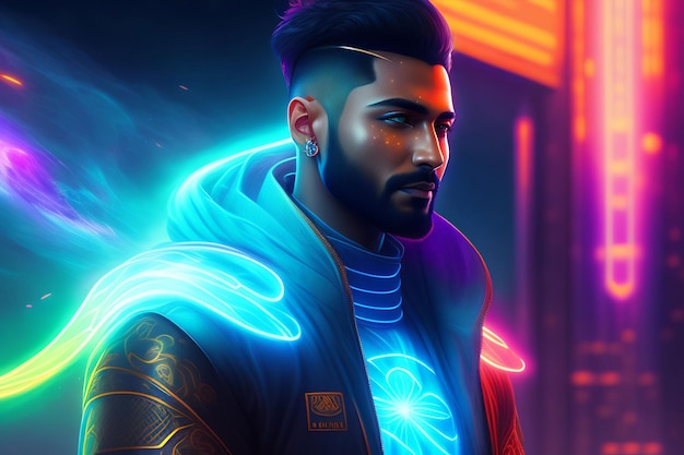 Un uomo con un'insegna al neon con su scritto "cyberpunk".