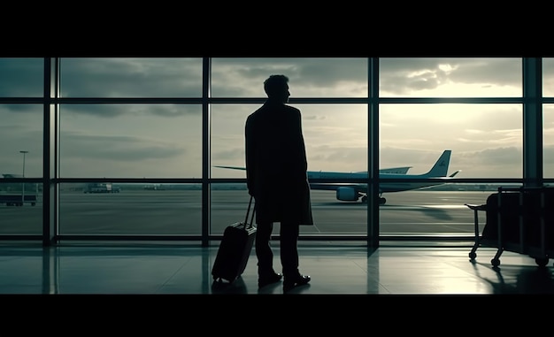 Un uomo con un lungo cappotto si trova davanti a una finestra con un grande aereo sullo sfondo.