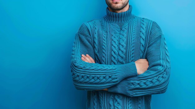 Un uomo con un maglione blu con un collare alto si trova con le braccia incrociate contro uno sfondo blu