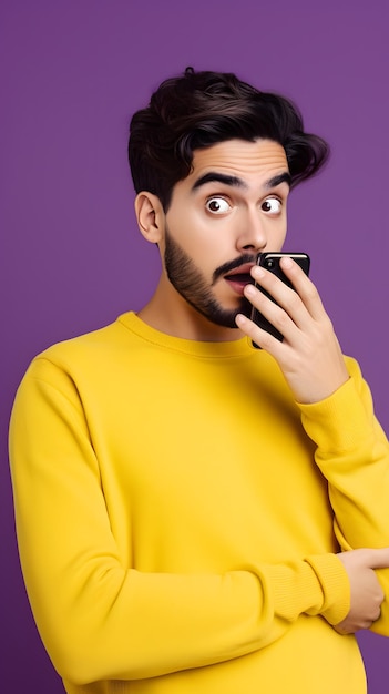 Un uomo con un maglione giallo tiene in mano un telefono e ha un'espressione sorpresa sul viso.
