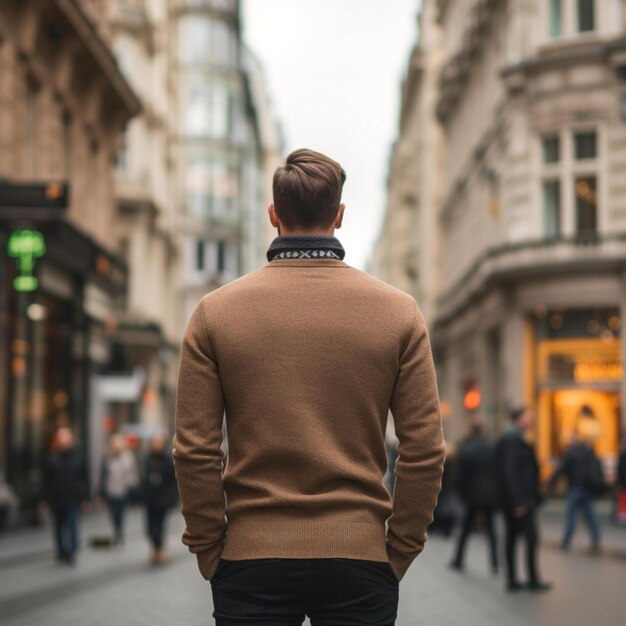 un uomo con un maglione marrone sta camminando per la strada