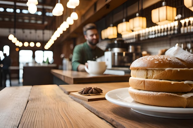 Un uomo con un maglione verde è in piedi dietro un tavolo con un piatto di frittelle e una tazza di caffè.