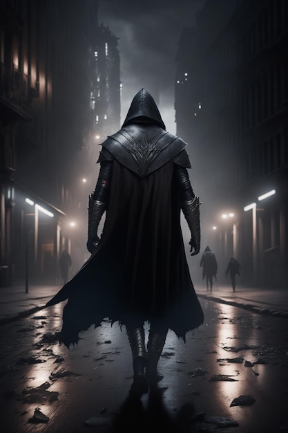 Un uomo con un mantello cammina per una strada al buio.