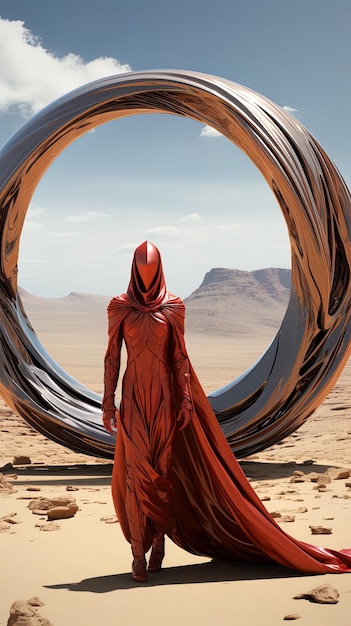 un uomo con un mantello rosso in piedi di fronte a un grande cerchio con le parole no su di esso