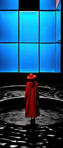 un uomo con un mantello rosso si trova di fronte a una finestra con un cappotto rosso