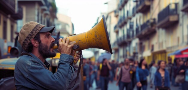 Un uomo con un megafono un uomo con una giacca davanti a una folla di persone