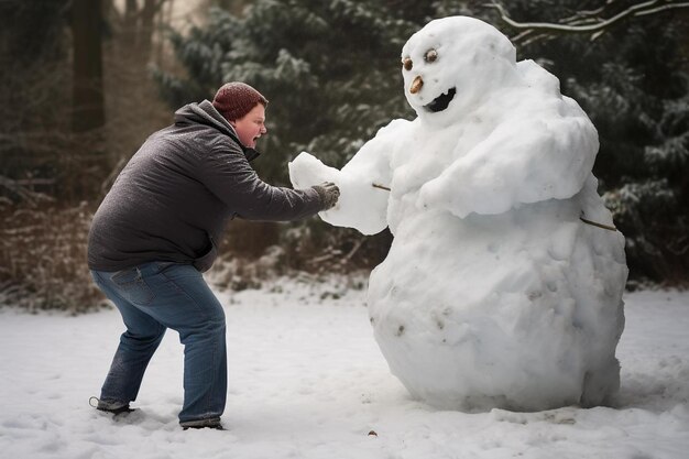 Un uomo con un pupazzo di neve che ha una faccia sopra