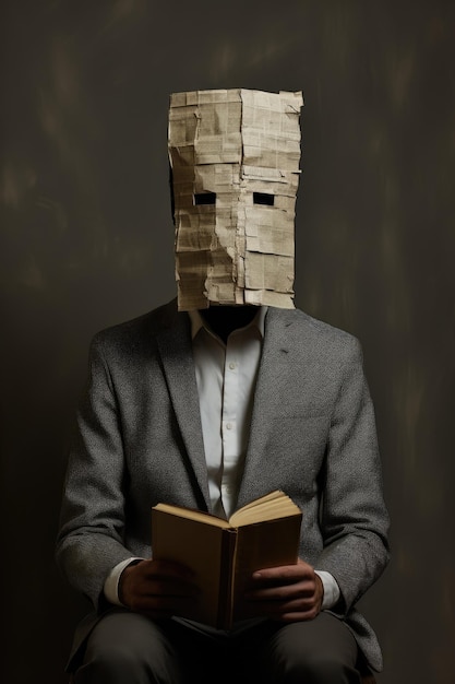 Un uomo con un sacchetto di carta in testa e un libro su sfondo grigio