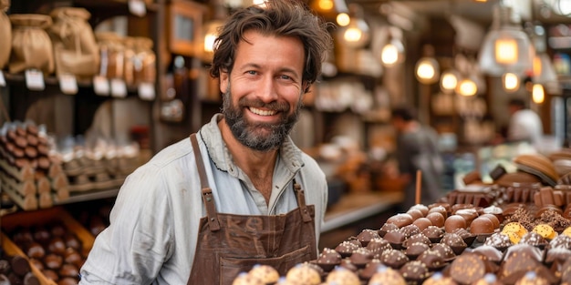 Un uomo con un sorriso radioso è visto con una scatola di cioccolatini in un negozio L'uomo sembra essere un artigiano del cioccolato barbuto che mostra i suoi cioccolati fatti a mano a potenziali clienti