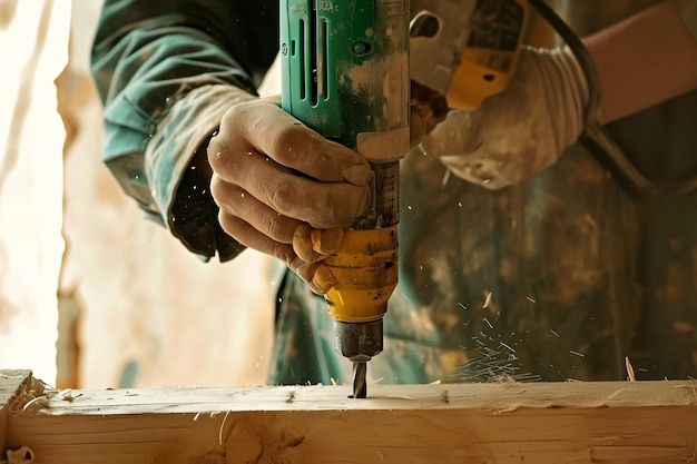 Un uomo con un trapano che lavora con una tavola di legno