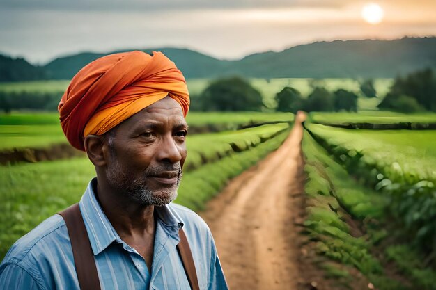 un uomo con un turbante arancione in piedi in una strada di terra