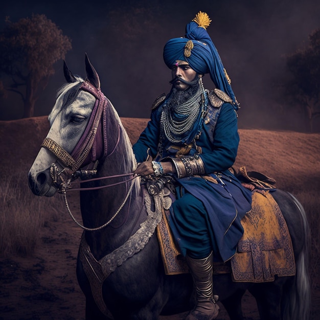 Un uomo con un turbante blu sta cavalcando un cavallo con sopra una sposa viola.