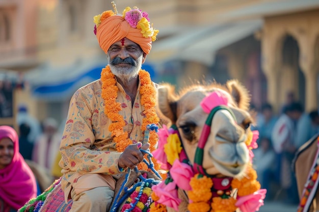 un uomo con un turbante cavalca un cammello