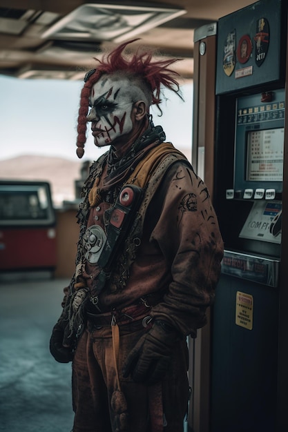 Un uomo con un vestito dall'aspetto sporco si trova davanti a una pompa di benzina con un cartello che dice 'badlands' sopra