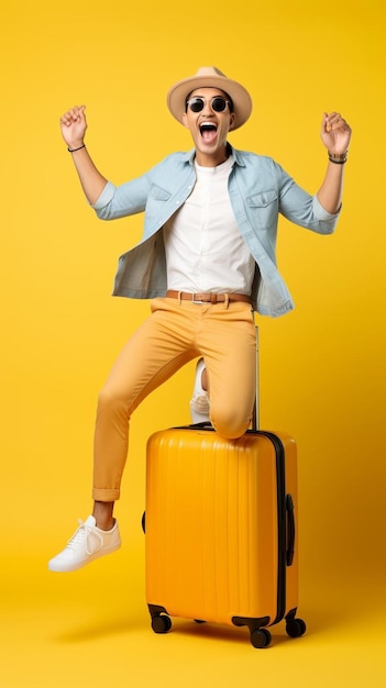 un uomo con un vestito giallo e una giacca blu sul retro di una valigia gialla