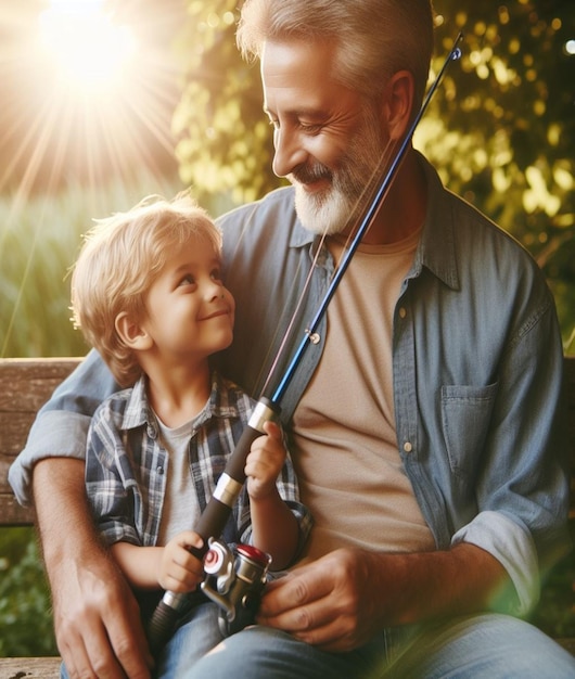 un uomo con una bacchetta da pesca e un ragazzino con una canna da pesca
