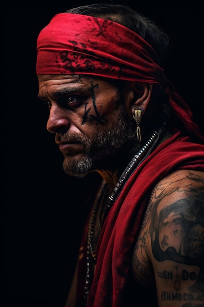 Un uomo con una bandana rossa sul braccio guarda la telecamera.