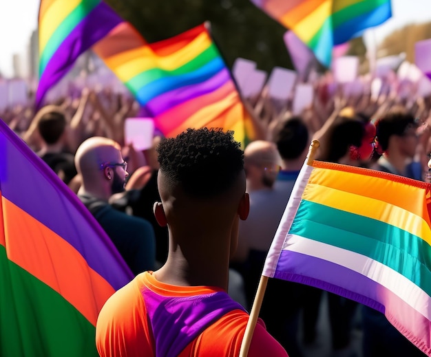 Un uomo con una bandiera arcobaleno davanti a una folla di persone LGBT