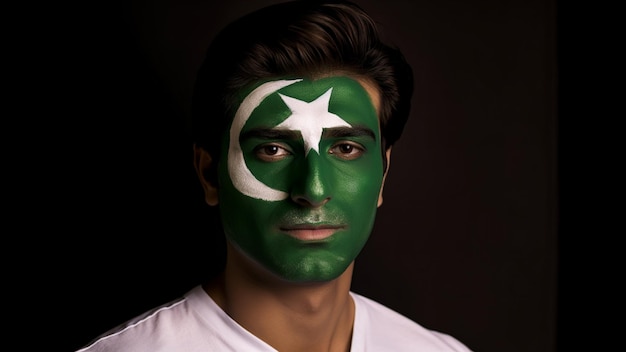 Un uomo con una bandiera pakistana dipinta sul viso in full HD