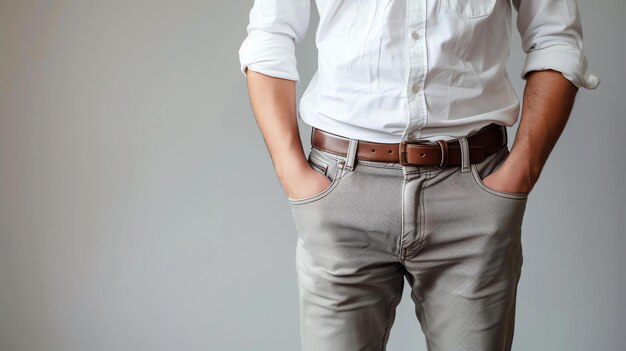 Un uomo con una camicia bianca e pantaloni grigi con le mani nelle tasche si trova su uno sfondo grigio