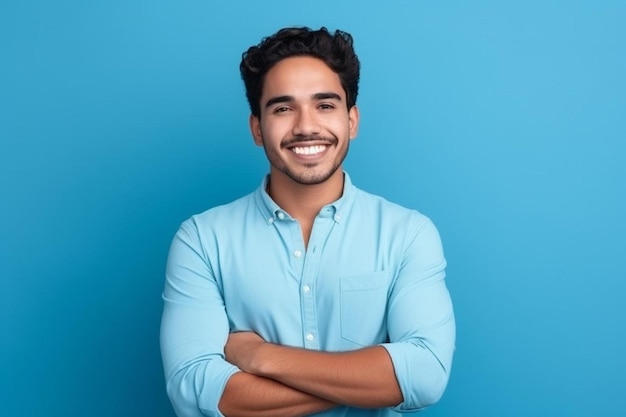 un uomo con una camicia blu che dice che sta sorridendo